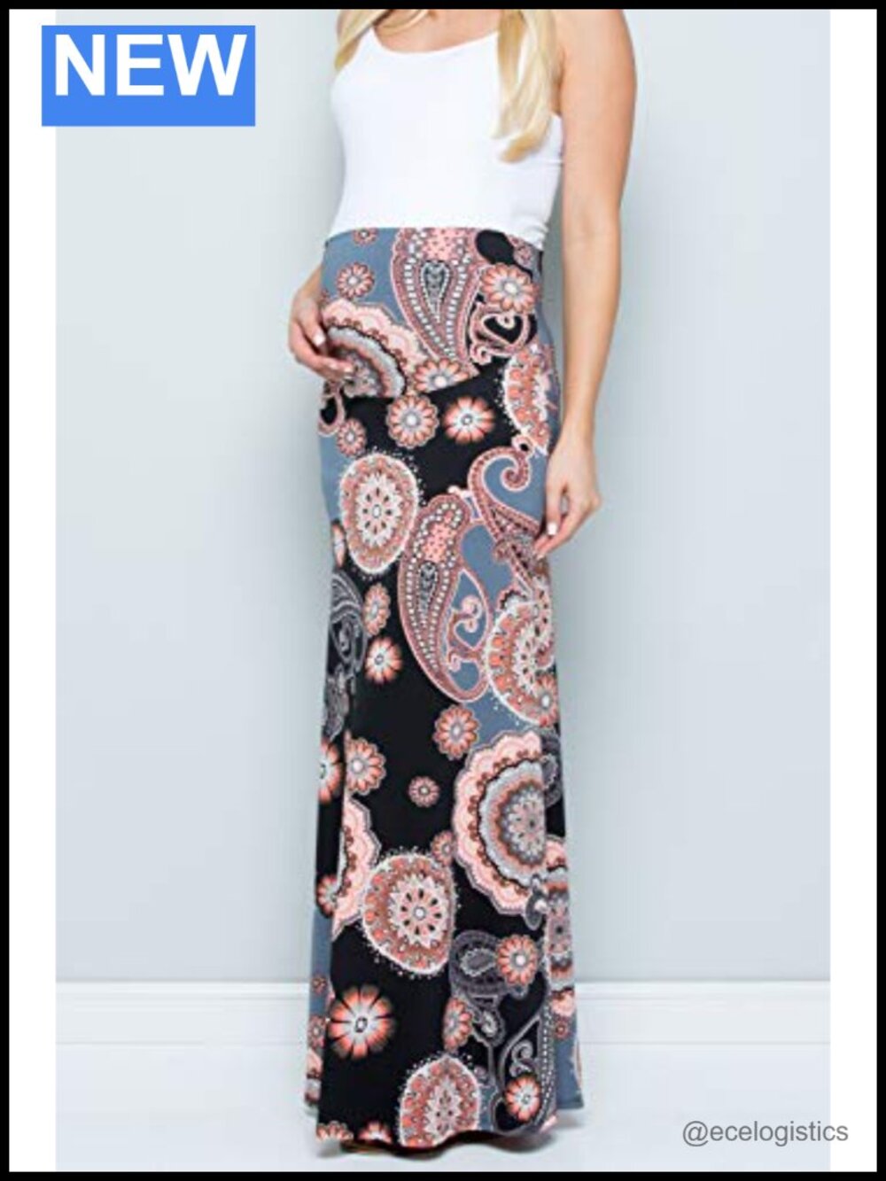 High Waisted Maternity Maxi Skirt with Tummy Control, Polyester Blend, Pull On - Picture 5 of 6